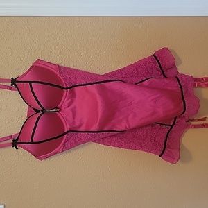 La SENZA Lace and Satin Hot Pink Babydoll with garters, black piping